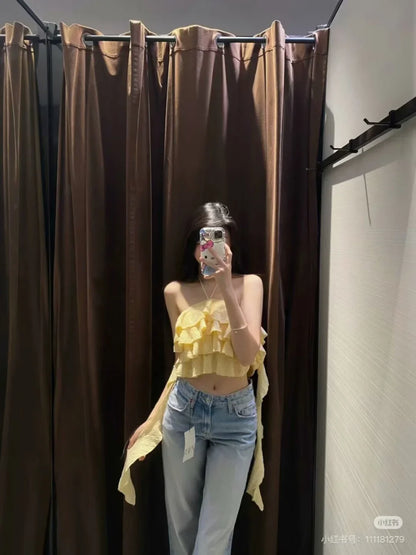 Textured halter crop top with ruffles Women's short yellow sleeveless top with sexy streamers for summer 2025 ETJ