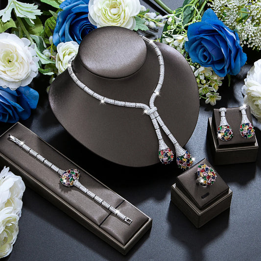 Luxury Bridal Jewelry Set Nigeria Design Cubic Zirconia Large Necklace Earrings Women's Wedding Accessory