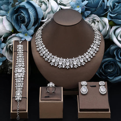New Luxury Green Blue CZ Crystal Turquoise Earrings Necklace 4PCS Wedding Bridal Jewelry Set for Party