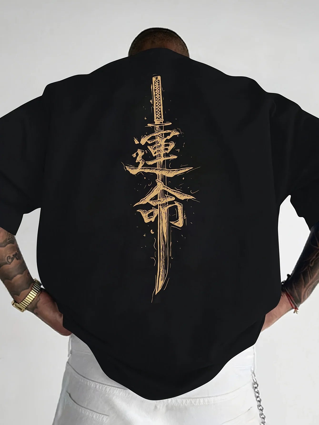 Men's summer 100% pure cotton fashionable casual loose Japanese samurai sword pattern printed round neck short sleeved T-shirt