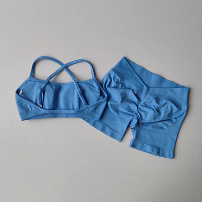 New Women's Seamless Workout Sets Thin Strap Back Sports Bra & 3-Inch Shorts, Quick Dry Gym Yoga Outfits