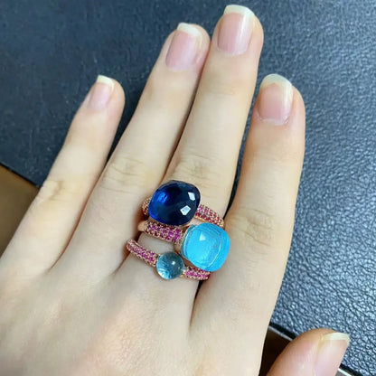Conjunto de 3 anéis empilháveis ​​Nudo para mulheres, conjunto com cores mistas, cristais tipo bala incrustados, zircônia, ametista, topázio azul, joia redonda, presente