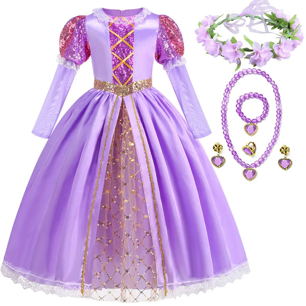 Short Sleeve Purple Puffy Dress + Accessories Girls Cosplay Rapunzel Summer Casual Dress Birthday Party Gift