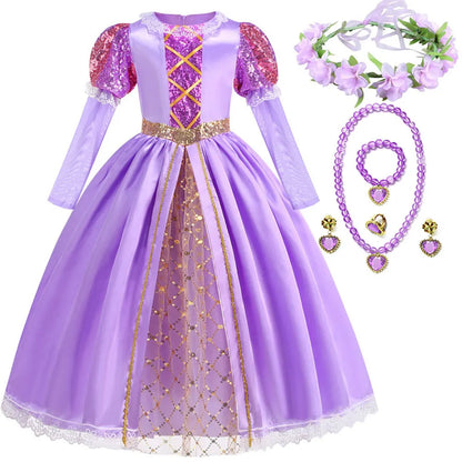 Short Sleeve Purple Puffy Dress + Accessories Girls Cosplay Rapunzel Summer Casual Dress Birthday Party Gift