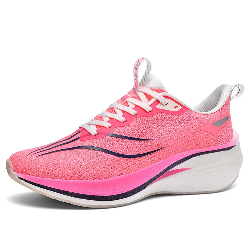 Sapatos de corrida esportivos casuais masculinos e femininos de moda com superfície de malha respirável, suporte de placa de carbono e sola de borracha resistente ao desgaste