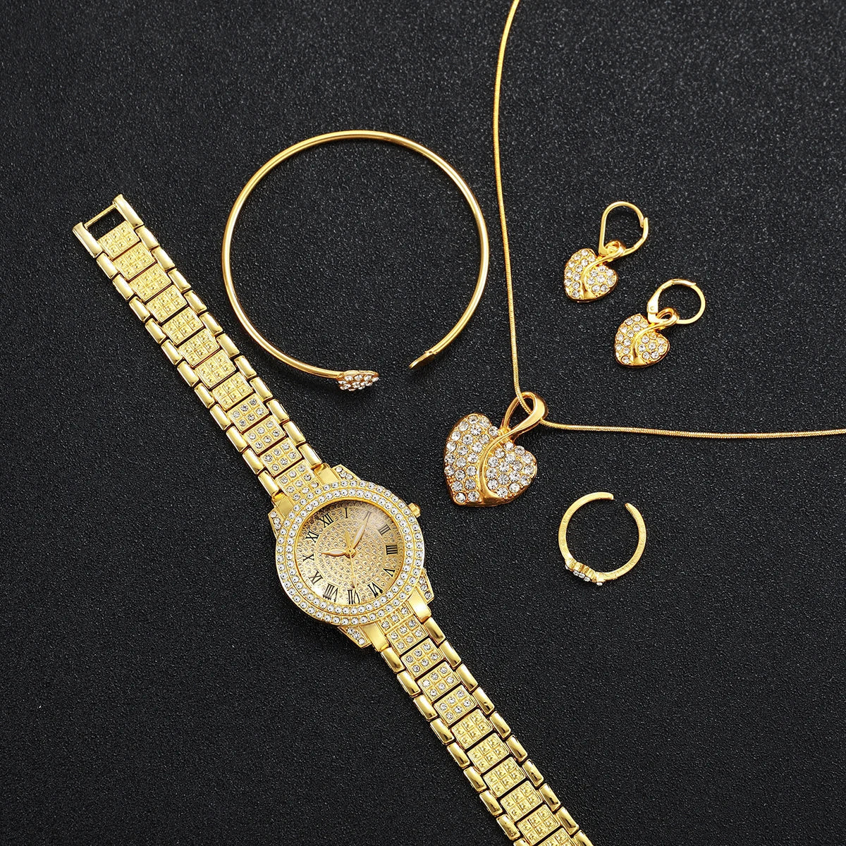 2/6PCS Luxury Diamond Women Watches Ladies Roma Dial Quartz Watch With Heart Jewelry Set Reloj Mujer (Without Box)