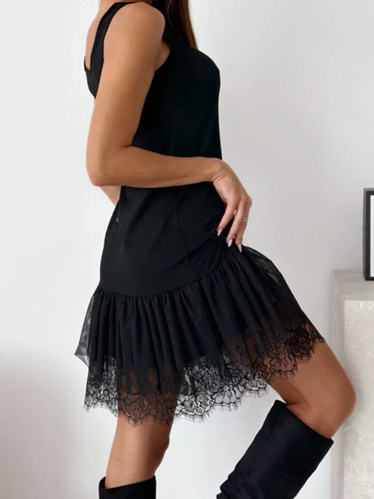 Lace Patchwork Slim Fit Vest Dress 2026 Spring Summer Sleeveless Hollowed Out Party Dress Simple Solid Color Holiday Short Dress