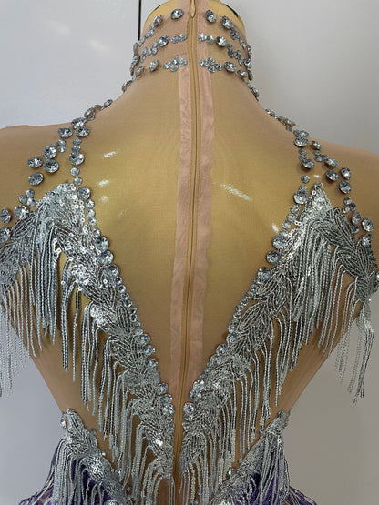 Women Sexy Stretch Mesh Sparkly Rhinestone Tassels Mini Dress Nightclub Singer Dance Stage Costume Evening Gowns
