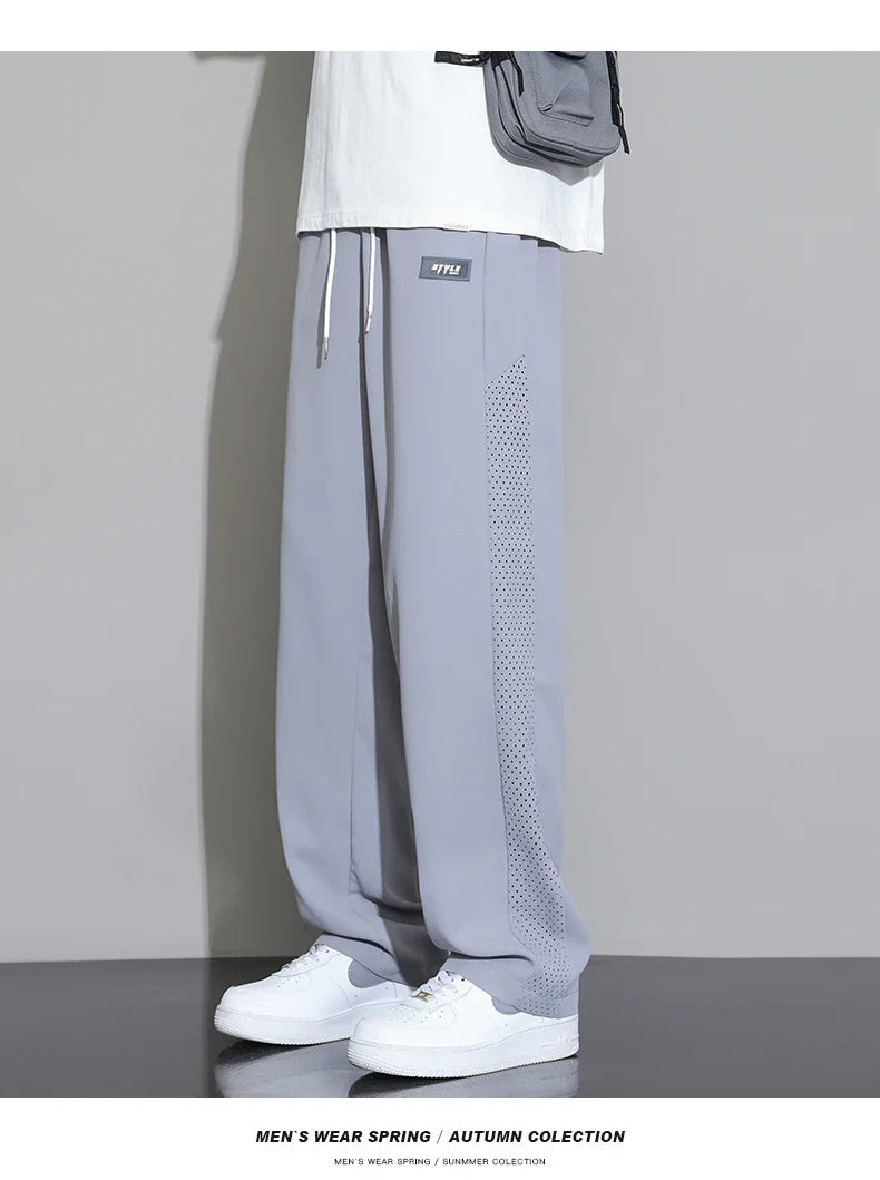 Men's Ice Silk Pants Summer Thin Style Drape Effect Loose Straight Casual Long Pants Trendy Brand Wide‑Leg Sports Pants for Boys