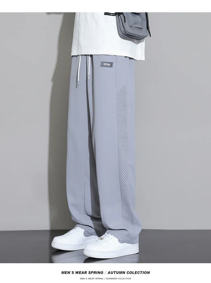 Men's Ice Silk Pants Summer Thin Style Drape Effect Loose Straight Casual Long Pants Trendy Brand Wide‑Leg Sports Pants for Boys