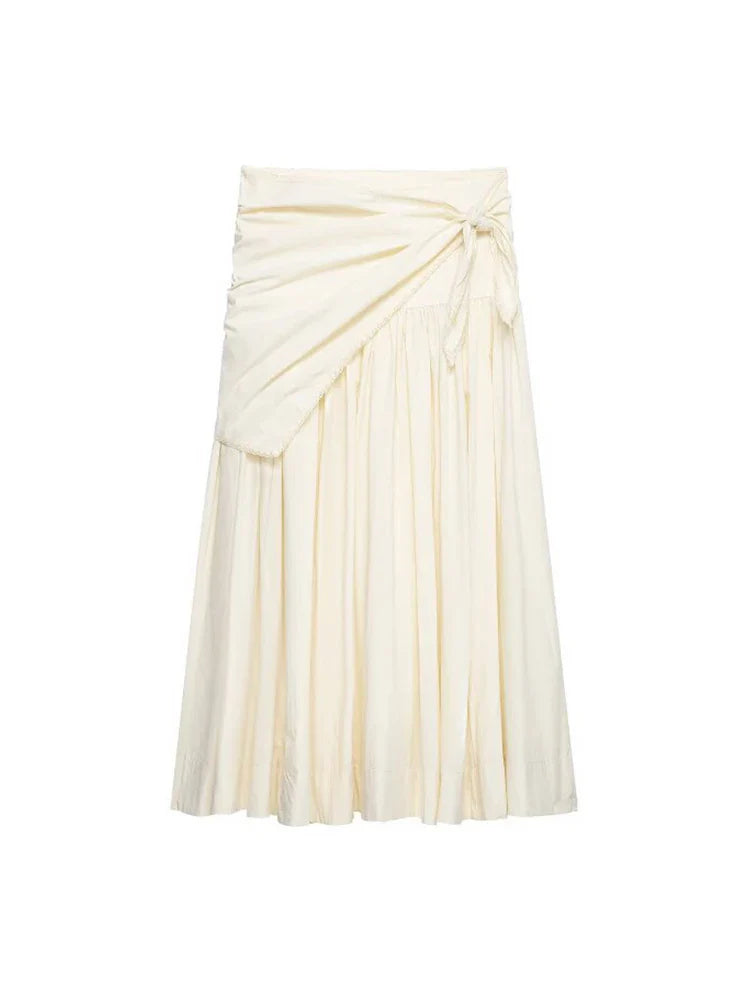 Women MIDI Skirts 2026 Fashion Solid Wrap Drawstring Bow High Waist Pleated Female Elegant Street Skirt Clothes