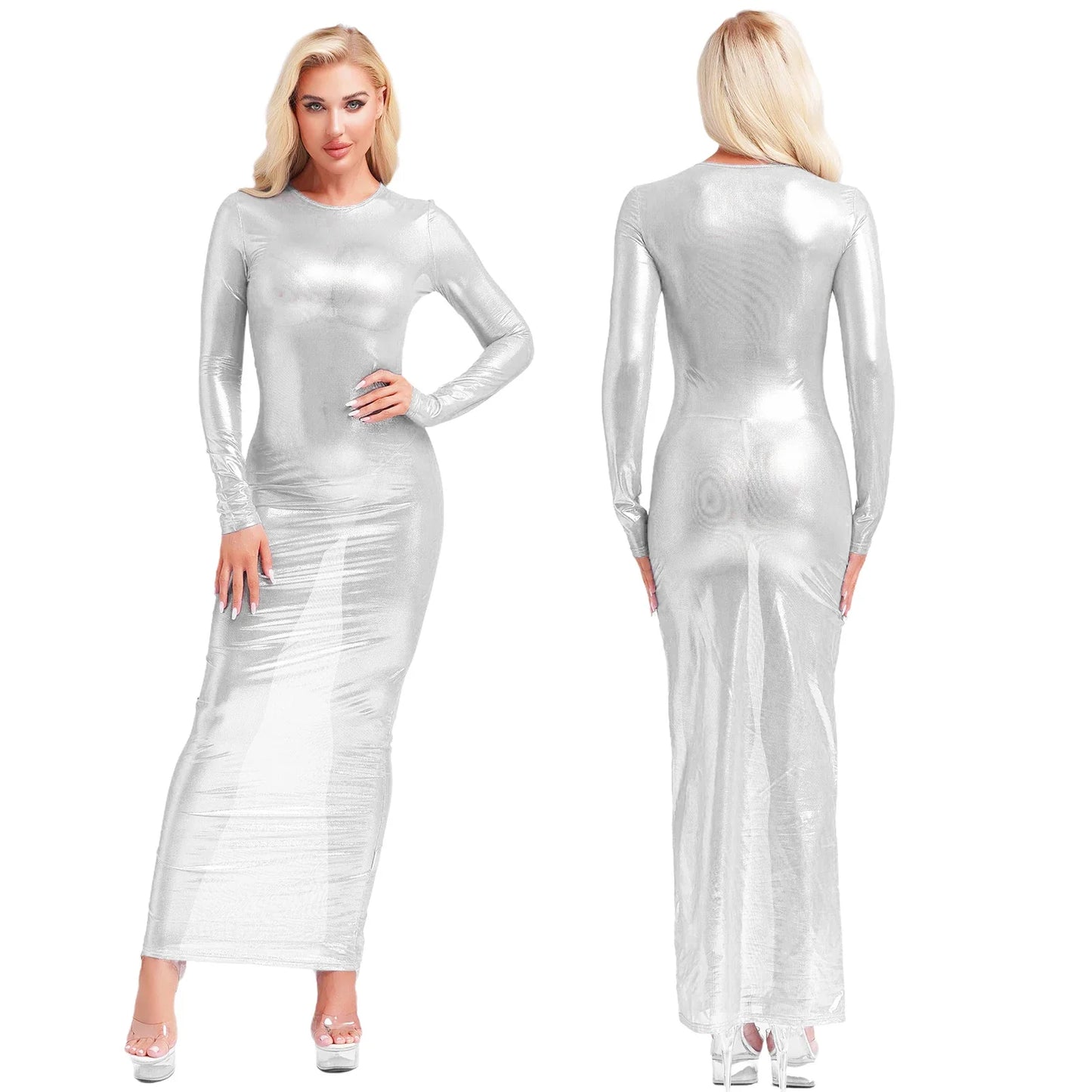 Womens Shiny Metallic Sheer Long Dress See Through Long Sleeve Bodycon Maxi Dress Cover Ups Rave Party Night Club Wear Underwear