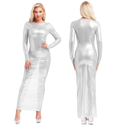 Womens Shiny Metallic Sheer Long Dress See Through Long Sleeve Bodycon Maxi Dress Cover Ups Rave Party Night Club Wear Underwear