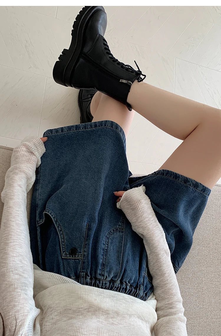 New 2024 Summer Plus Size Denim Shorts For Women High Elastic Wasit Wide Leg Loose Blue Jean Short Women Streetwear Half Jeans