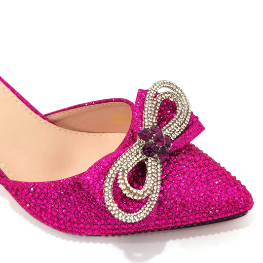 Italian Design African Women's High Heel Pointed Toe Sandals Party Wedding Party Fuchsia Color Shoes and Bags Set
