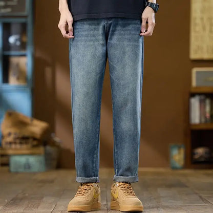 Jeans Denim Straight Pants Men Washed Distressed Mid Waist Pockets 2025 Streetwear Basics Ankle Length Trousers Vintage Denims