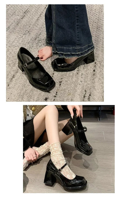 Ladies Summer Black New Small Leather Shoes Mary Janes Vintage Buckle Non-Slip Sandals Woman Medium Heels Casual Elegant Heels