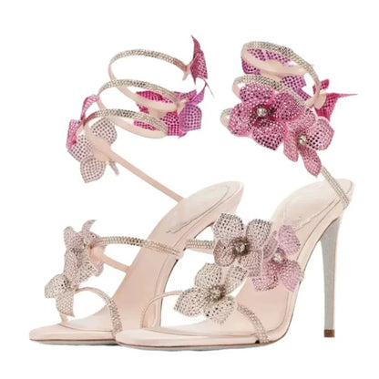 Luxury Designer Pink Flower Rhinestone High Heels Sandals Shoe Sexy Wrap Strap Open Toe Stripper Prom Party Ladies Shoes
