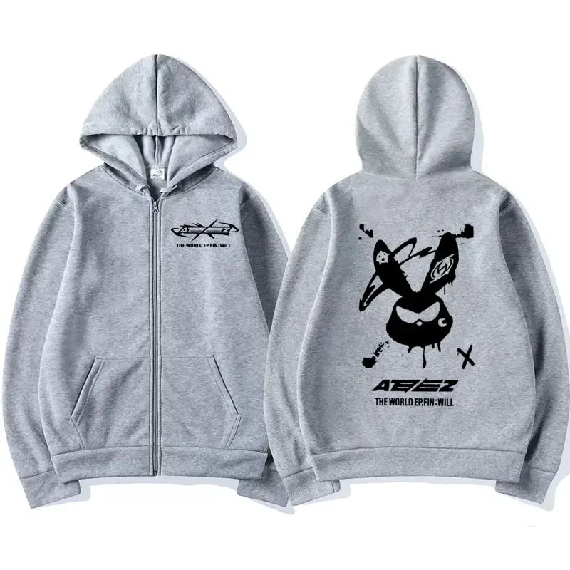 Ateez The World Ep. Fin Will Album Tour 2024 Zipper Hoodies Men Women Korean Fashion Zip Up Sweatshirt Casual Jacket Hoodie Tops