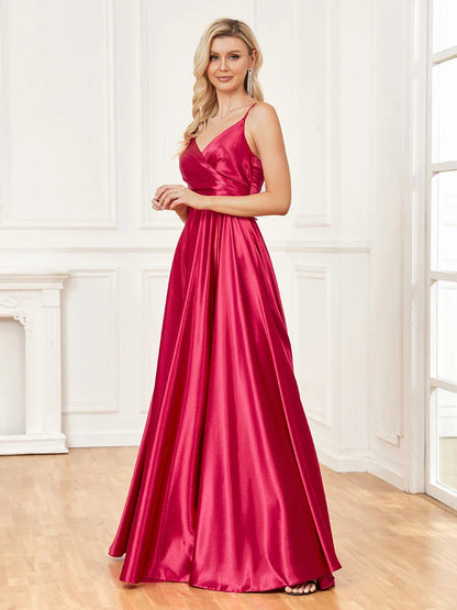 Luxury V-Neck Satin Sleeveless Blue Formal Evening Dress 2024 Women Elegant Sexy Slip Wedding Party Long Prom Dress