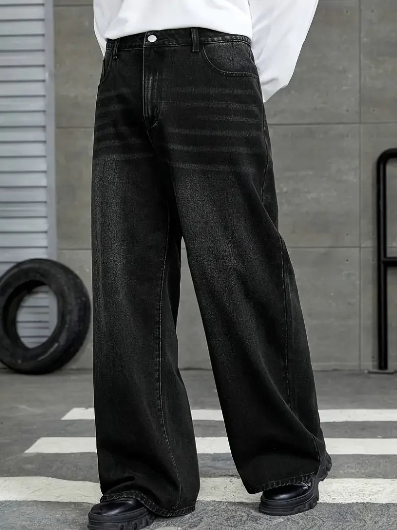 Men'S Loose Fit Black Denim Wide Leg Jeans with Raw Wash Detail - Comfortable, Versatile All-Season Wear, Casual Denim Jeans| fl