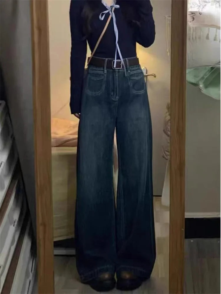 High Waist Wide Leg Loose Straight Deep Blue Denim Pants