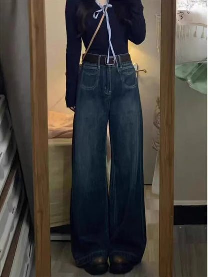 High Waist Wide Leg Loose Straight Deep Blue Denim Pants