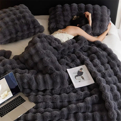 Cozy Rabbit Hair Bubble Velvet Blanket for Napping Soft Fuzzy Plush Bed Cover Sofa Throw Blanket All Season Warmth
