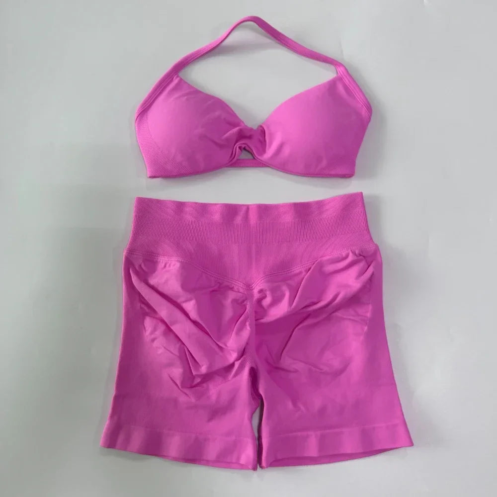 NO LOGO 2PCS Gym Set Women Strappy Yoga Bra Top High Waist Workout Scrunch Shorts Sports Suit Seamless Yoga Set Fitness Clothes