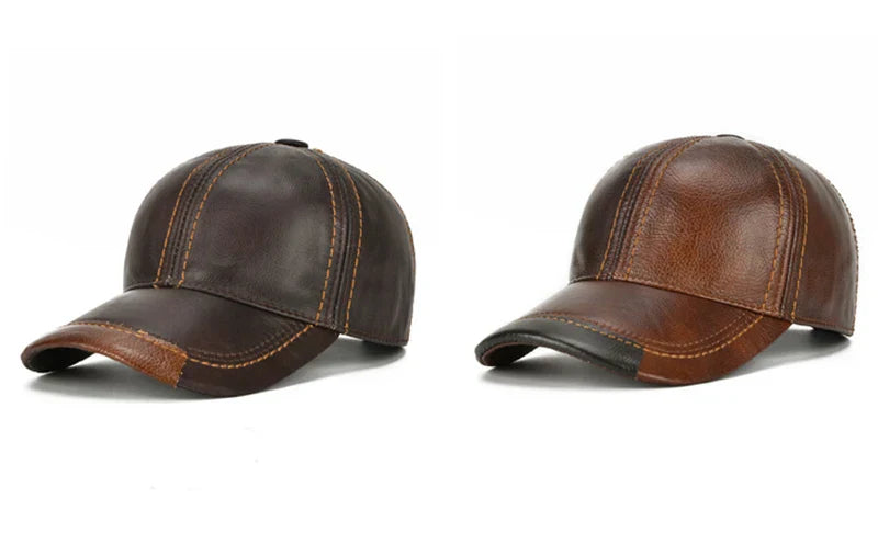 Men Real Cowhide Leather Earlap Caps Male Fall Winter 100% Real Cow Leather Hats New Casual Real Leather Outdoor Baseball Cap