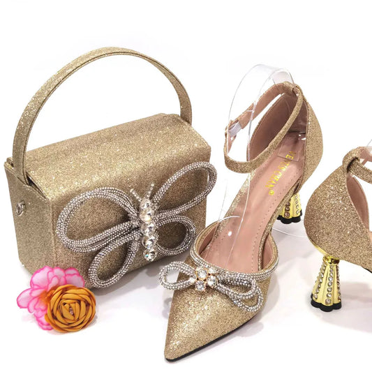 Ladies Pointed-Toe Party High Heels Magenta Colour Bow Rhinestone Stereo Bag Evening  African Wedding Shoe And Bag Set