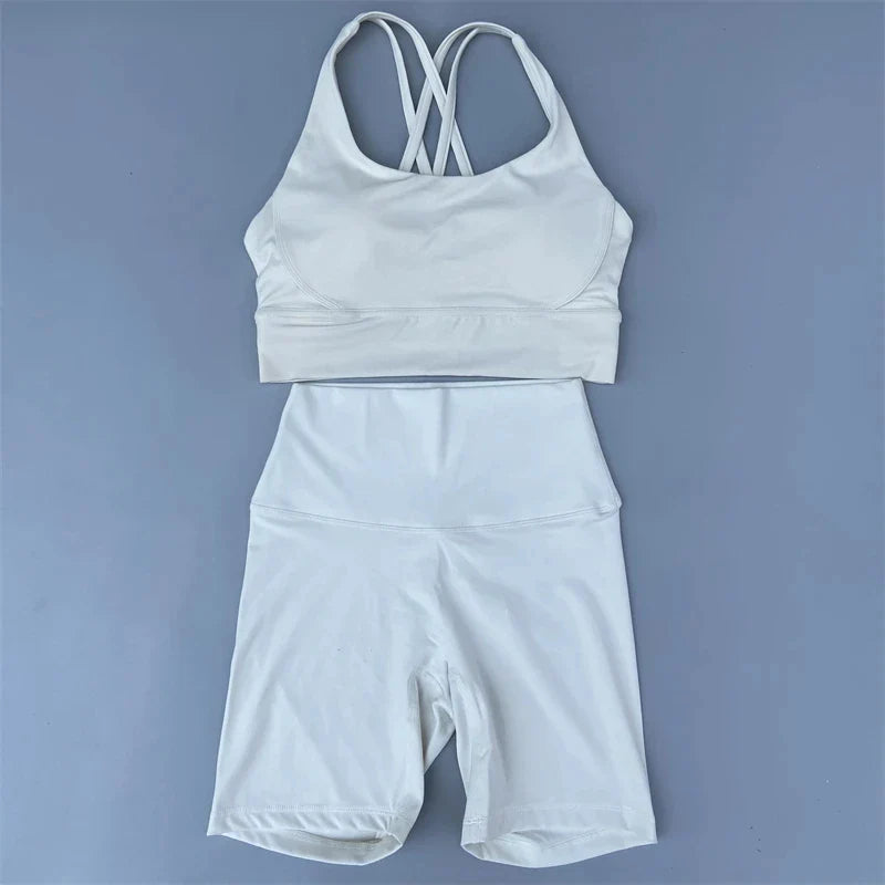 Solid Color soft gym Yoga Set short Legging +cross sport bra Tracksuit  Women Gym Suit Comprehensive Training Jogging Athletic
