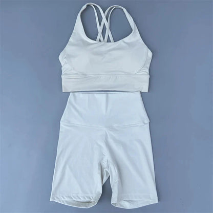 Solid Color soft gym Yoga Set short Legging +cross sport bra Tracksuit  Women Gym Suit Comprehensive Training Jogging Athletic