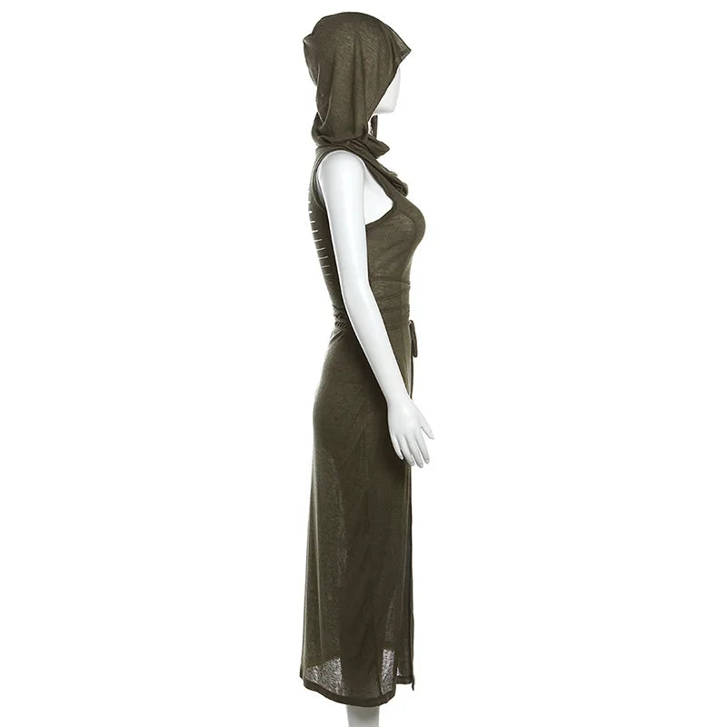 European And American Style Sleeveless Hooded Dress Long Split Hollow out Pure Color Women's Gown
