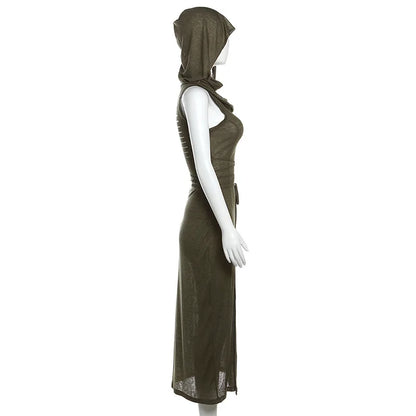 European And American Style Sleeveless Hooded Dress Long Split Hollow out Pure Color Women's Gown