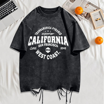 California Sanfrancisco Weat Coast Washed Holes T-Shirt Mens Cotton Soft T Shirts Crewneck Loose Clothes Multicolor Short Sleeve