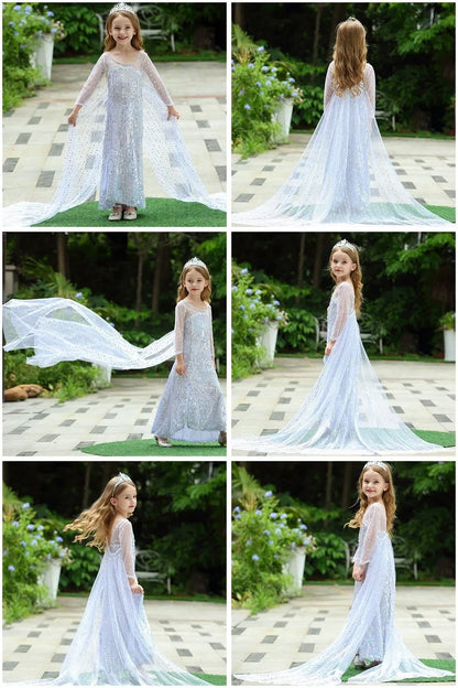 Children Princess Fancy Costume Elsa Party Carnival White Dress Up for Girl Christmas Birthday Cosplay Belle Snowflake Vestidoes