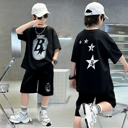 New Summer Teenager Boys Clothing Set Cotton Letter Short Sleeve T-shirt Shorts 2Pcs For 4-14 Years Kids Tracksuits Child Cloth