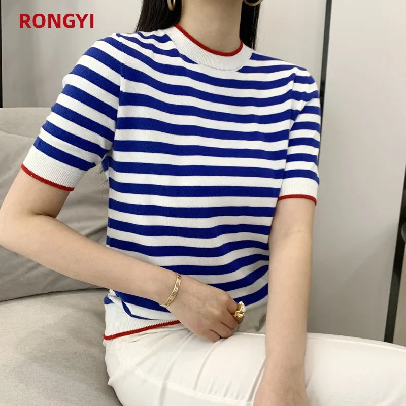 Summer Women's O-Neck Striped 100% Cotton Short Sleeve T-Shirt With Loose Pullover Casual Knit Top High Quality 5 Sizes