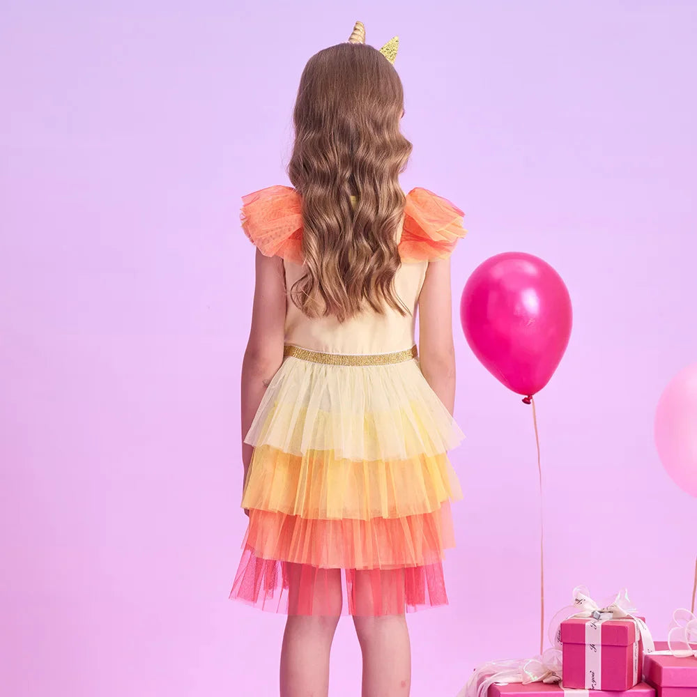 Kids Summer Vestidos Girls Flare Sleeve Mesh Tulle Layered Princess Birthday Party Tutu Dresses Girls Unicorn Print Dress