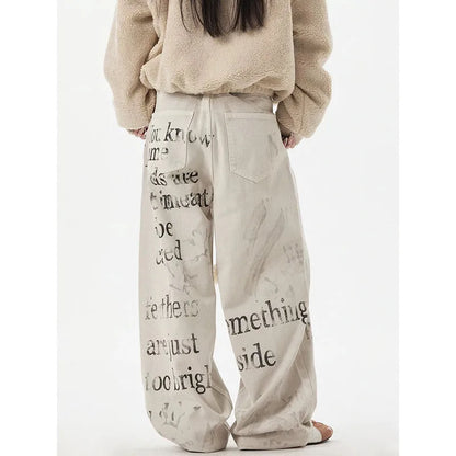 Spring 2025 Graffiti Apricot Jeans Women Y2K Vintage High Waisted Jeans Straight Streetwear Loose Large Wide Leg Denim Pants