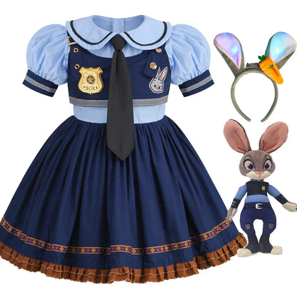 Judy Cosplay Costume Kids Carnival Party Dress Girls Tie Headdress Belt Socks Sets Police Role Play Movie Uniform Birthday Gift