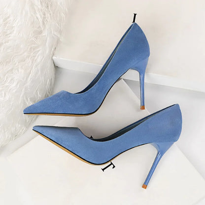 Women 9cm High Heels Pumps Stripper Flock Suede Plus Size Escarpins Lady Wedding Bridal Heels Escarpins Green Blue Yellow Shoes