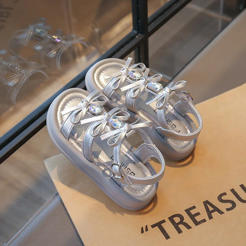 Summer Kids Fashion Hollow-out Roman Sandals Student Water Diamond Bow Sandals Sweet Bowknot Comfortable Elegant Girls Shoes