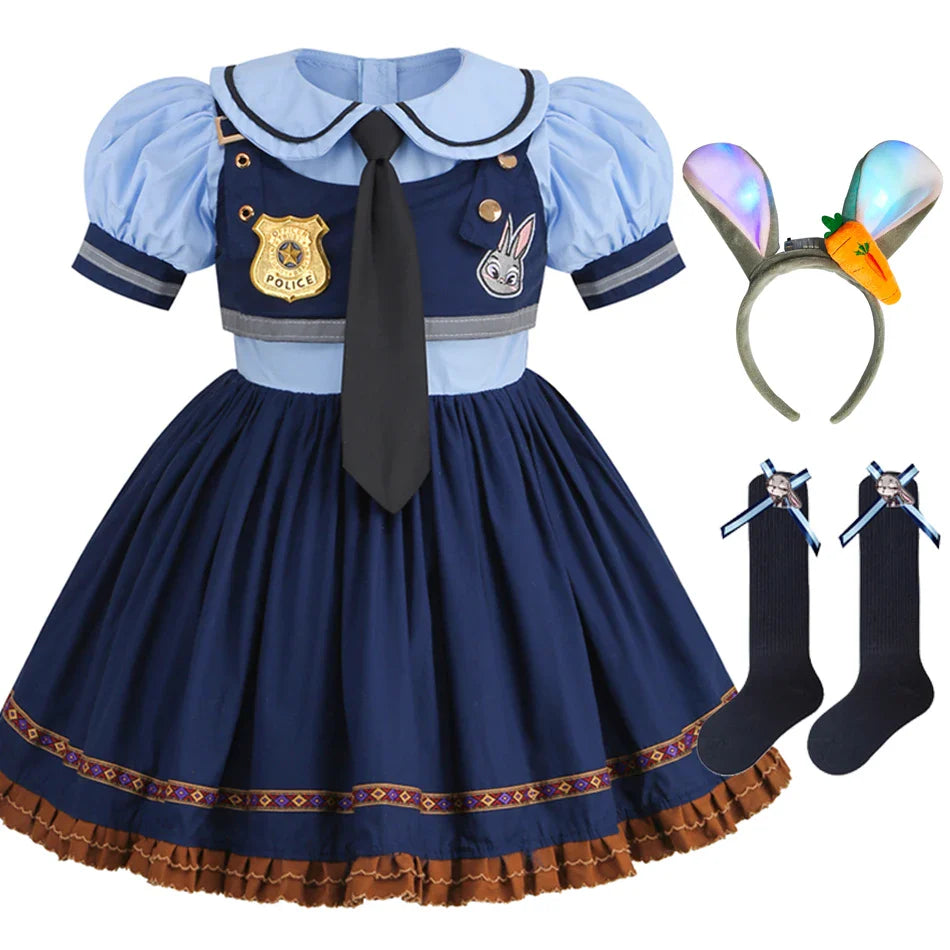 Judy Cosplay Costume Kids Carnival Party Dress Girls Tie Headdress Belt Socks Sets Police Role Play Movie Uniform Birthday Gift