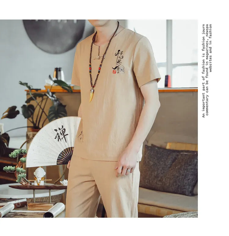(Shirt + trousers) 2025 summer Chinese Style men shirt Cotton and linen shirts men's High quality casual shirts Two Piece M-5XL