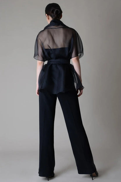 Organza Mesh Blouse for Women Stand Collar Lace-up See Through V-Neck VCasual Elegant Office Lady Half Sleeve Blouse Top