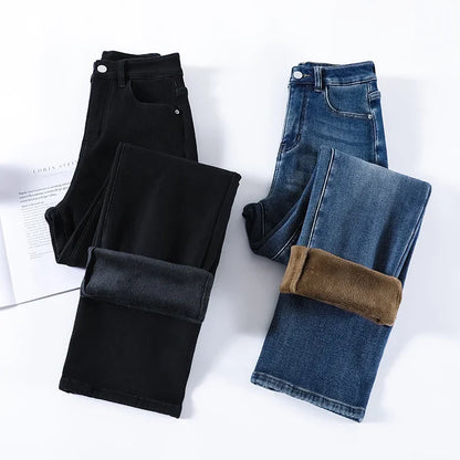 Women's Velvet Jeans Loose Straight Warm Soft Fleece Pants
