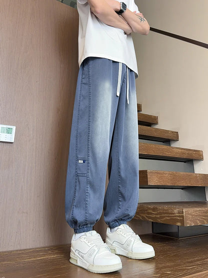 Lyocell Washed Men’s Jeans Lightweight Harem Joggers With Elastic Waist 4 Colors Baggy Denim Pants Asian Size L-6XL