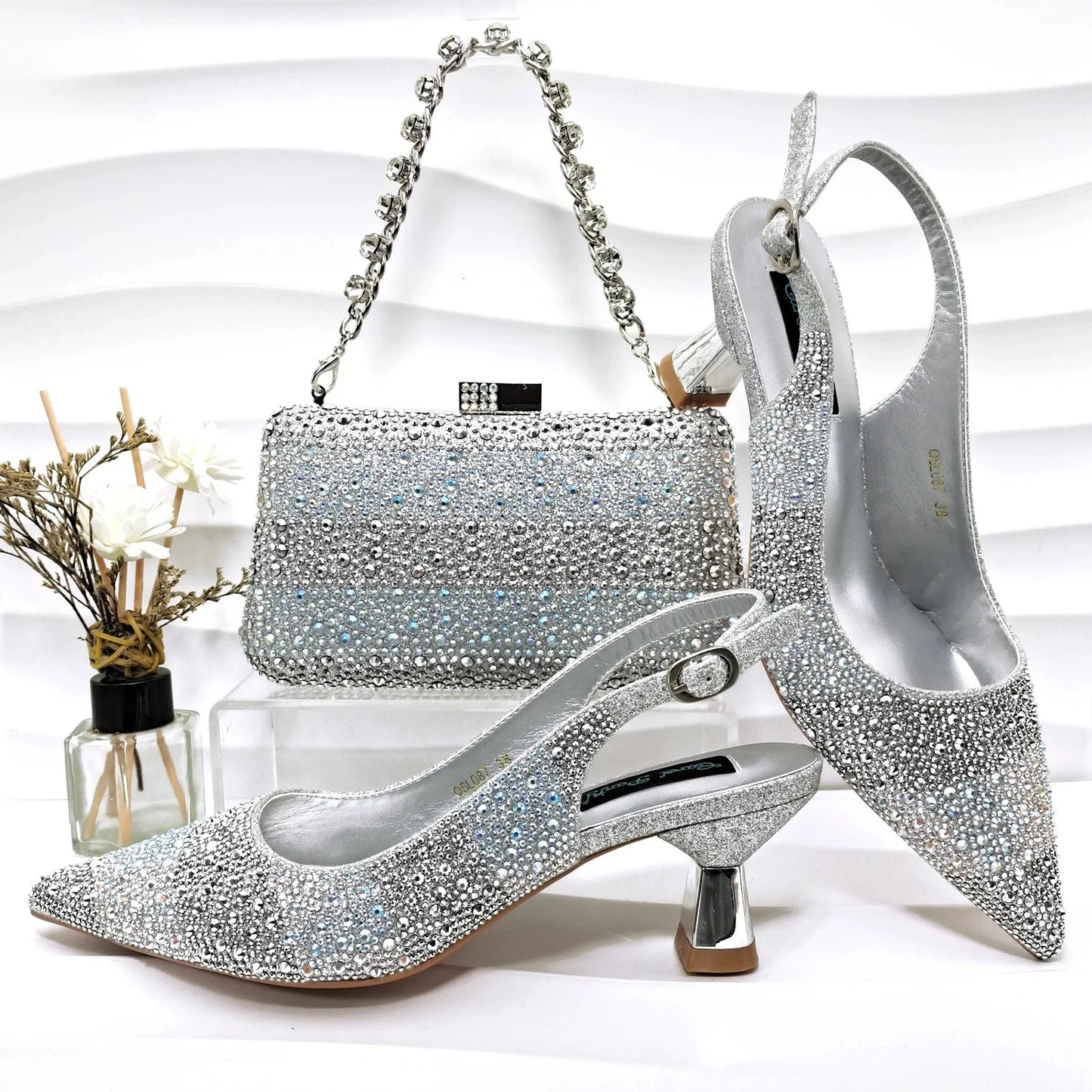 Fashion Nigerian Women Heel Party Ladies Italian Design Green Shoes And Bag Set Decorated with Rhinestone Handbag Wedding Party